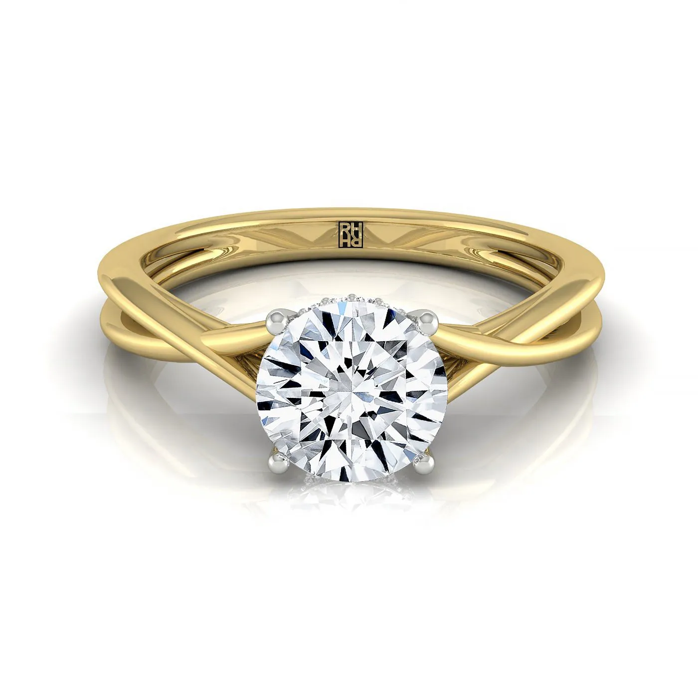 18ky Round Twisted Shank Double Hidden Halo Solitaire Engagement Ring With 28 Prong Set Round Diamonds