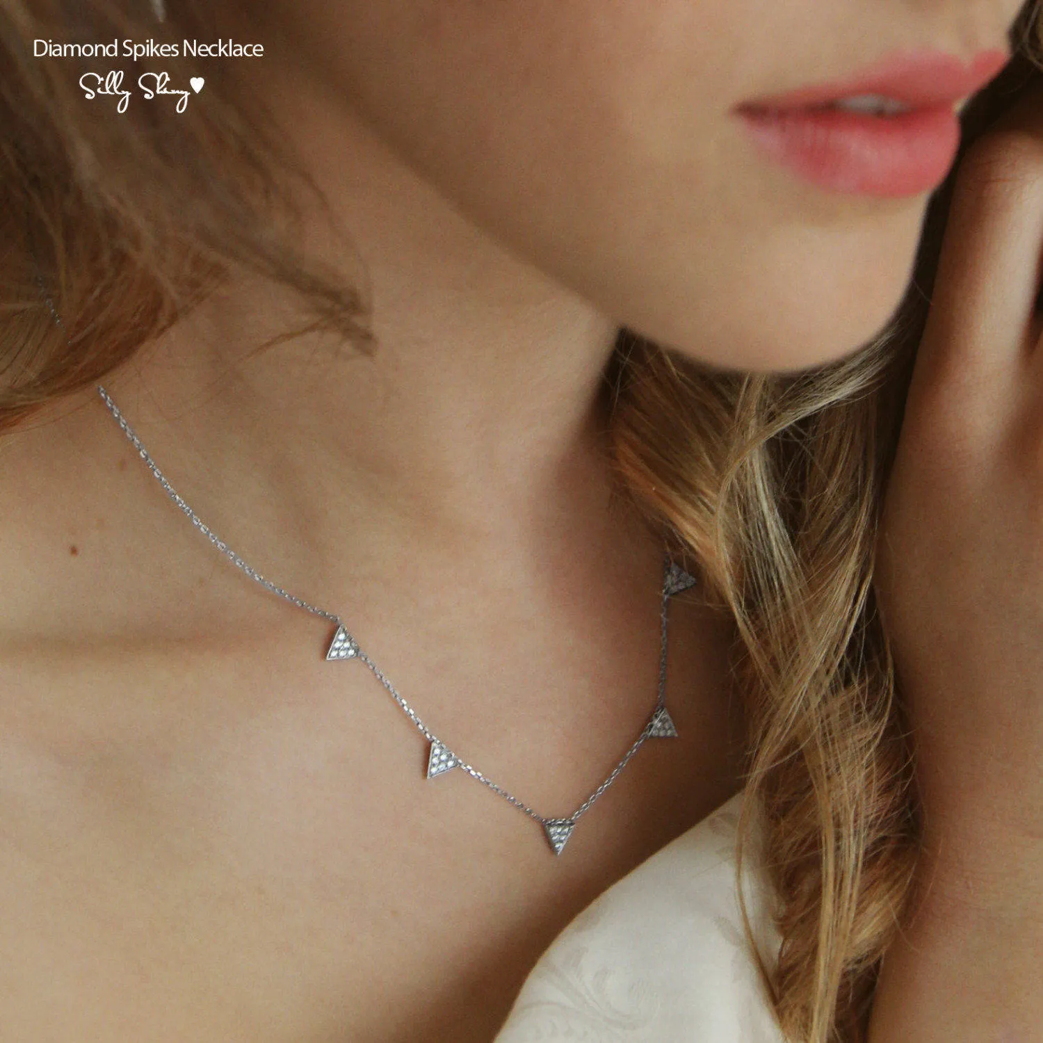 5 Small Pave Diamonds Triangles Necklace ♥