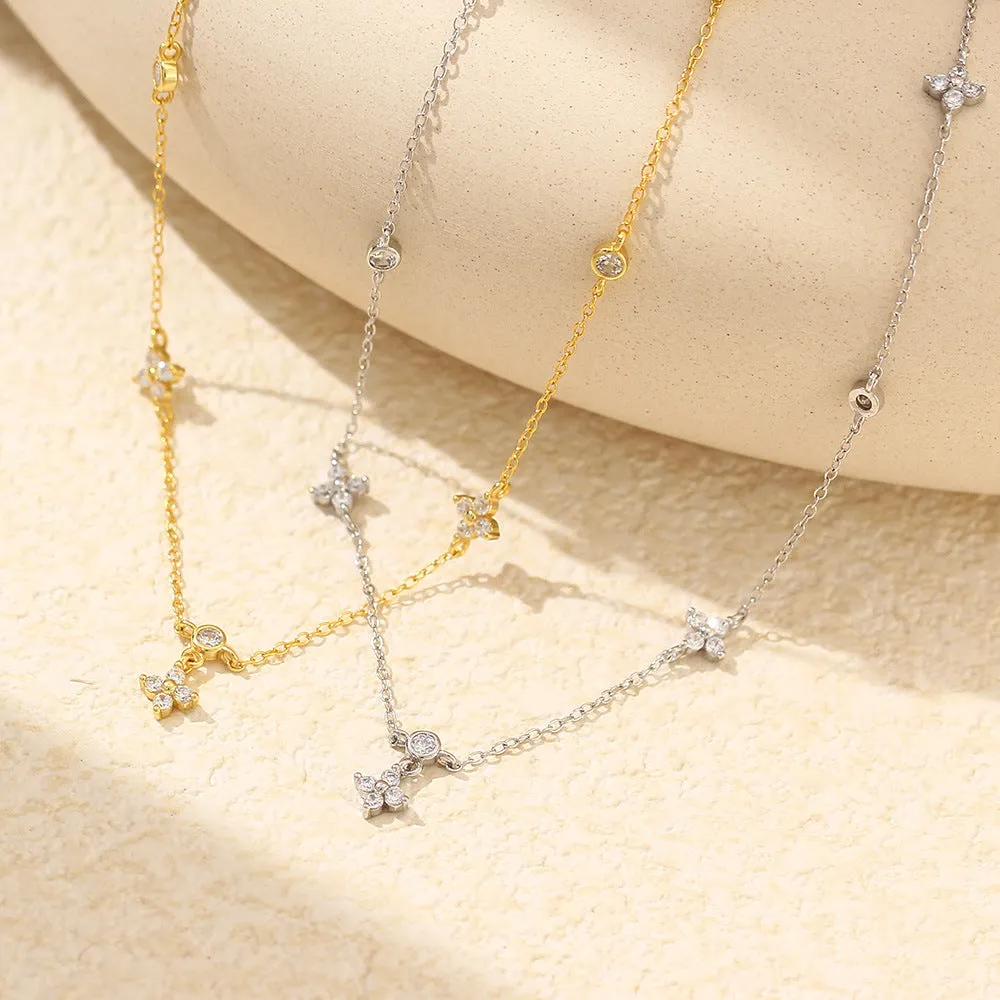 925 Sterling Silver Cute & Edgy Flower Flower Silver Diamond Inlay Necklaces