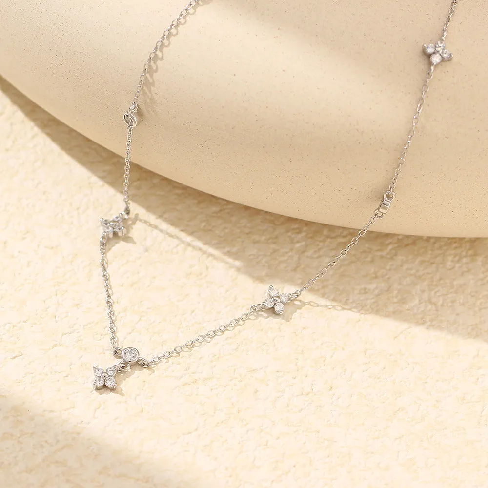 925 Sterling Silver Cute & Edgy Flower Flower Silver Diamond Inlay Necklaces