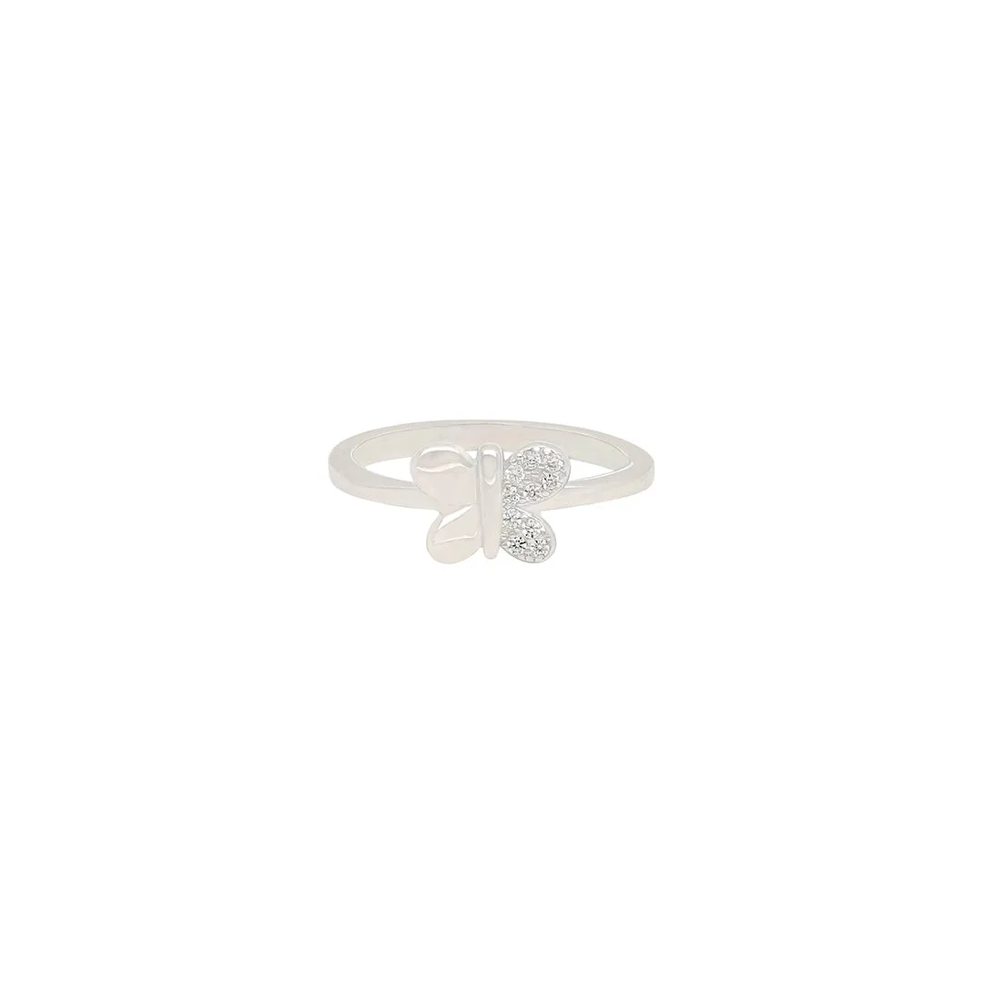 925 Sterling Silver Rhodium Plated Single Wing Stoned Ring