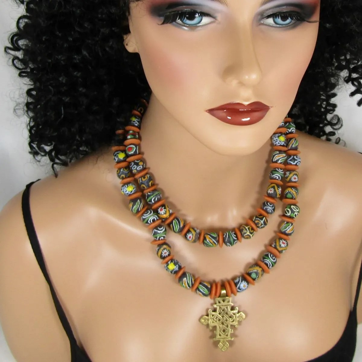 African Trade Bead Pendant Necklace Double Strand Beaded
