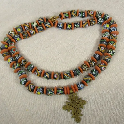 African Trade Bead Pendant Necklace Double Strand Beaded