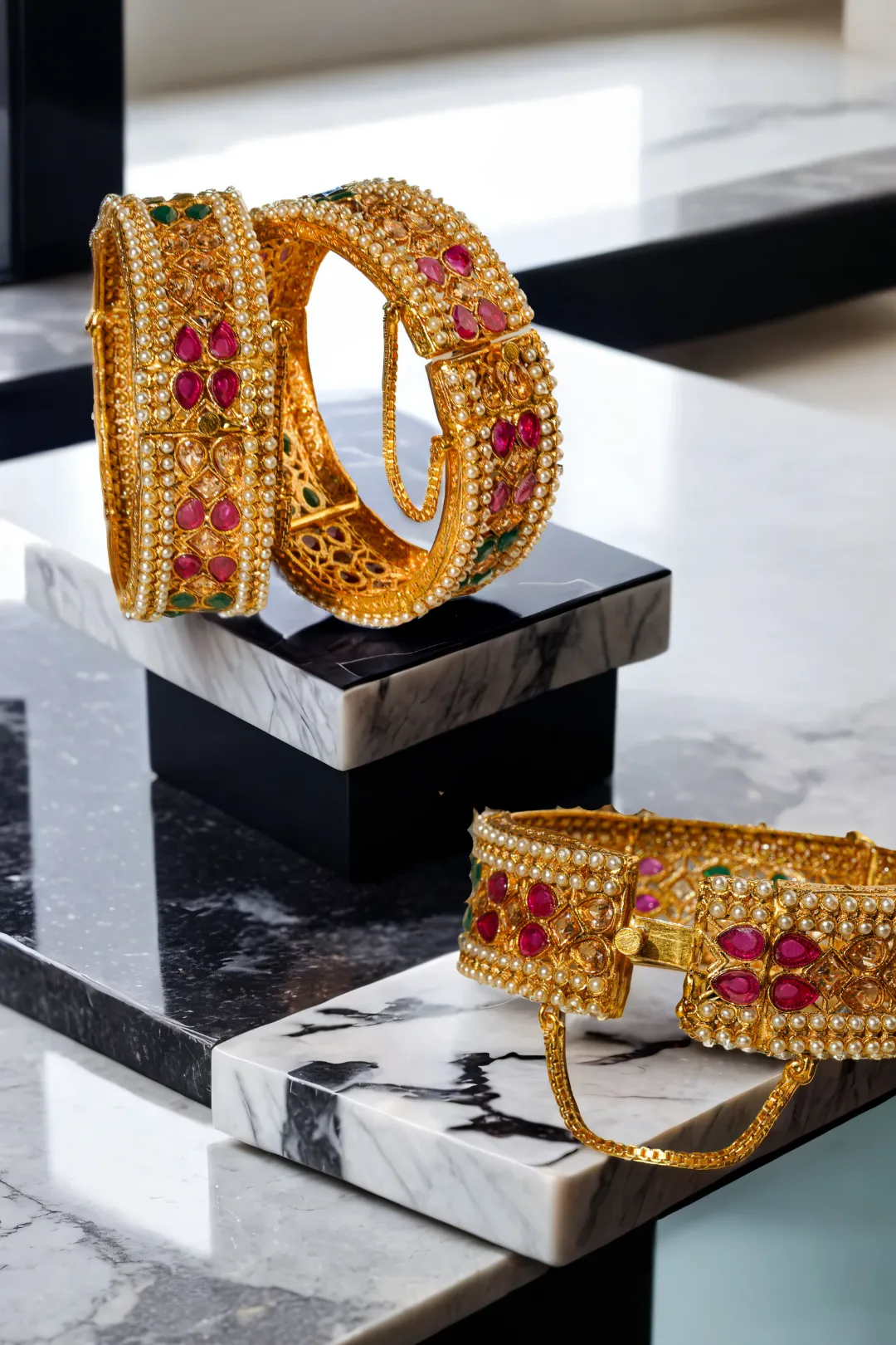 Amika Gold-Plated Bangles with Multicolor Stones and Pearl Accents (Set of 2)