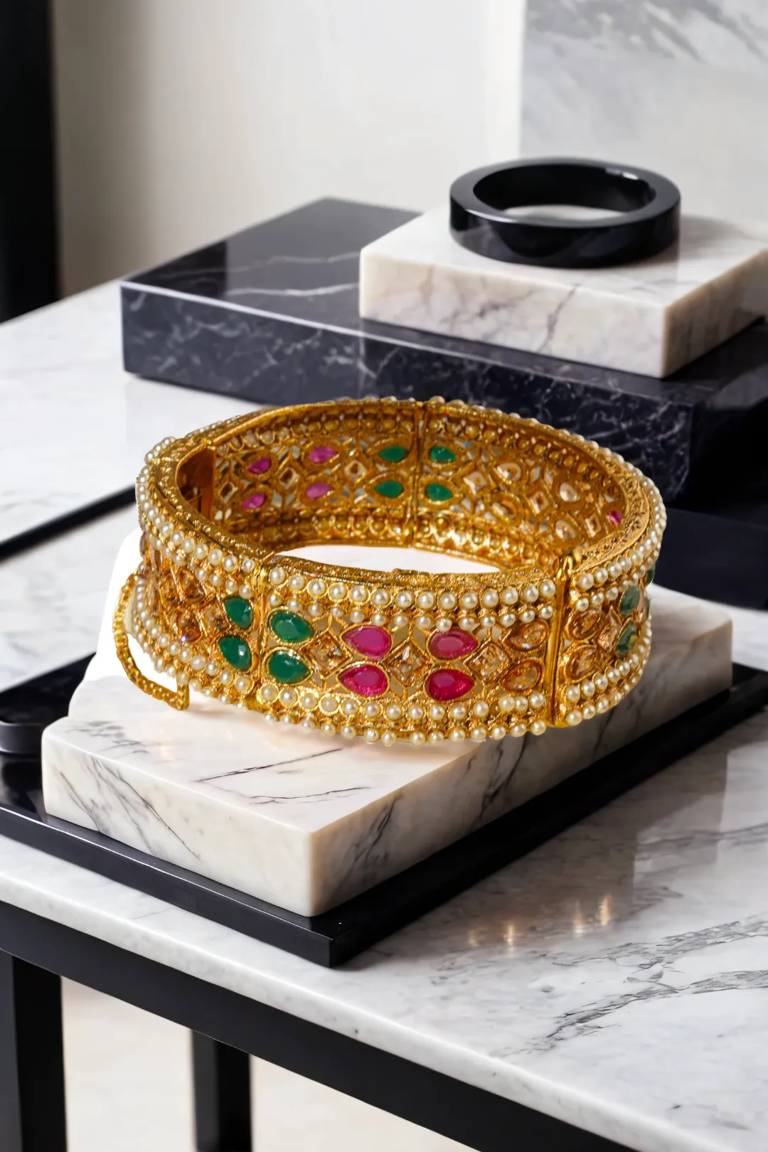 Amika Gold-Plated Bangles with Multicolor Stones and Pearl Accents (Set of 2)