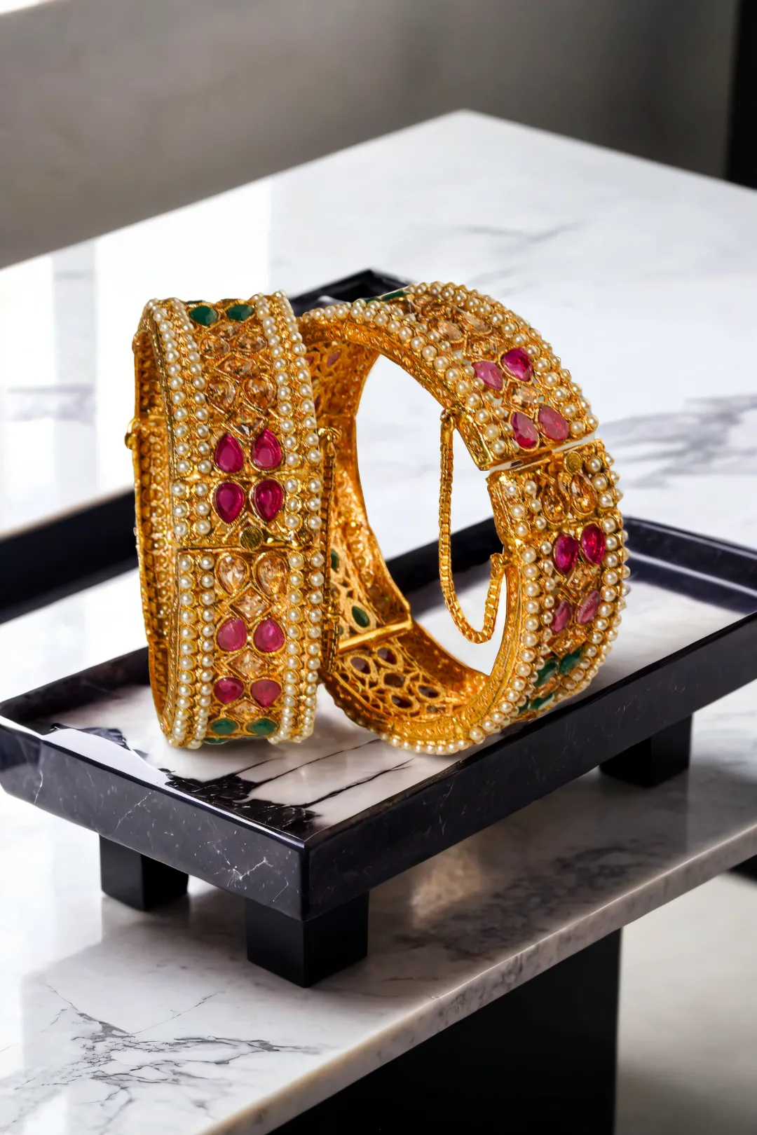 Amika Gold-Plated Bangles with Multicolor Stones and Pearl Accents (Set of 2)