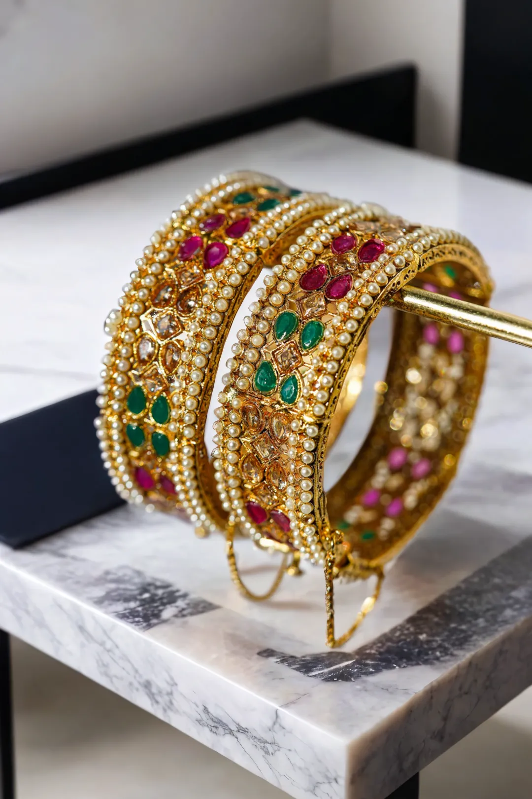 Amika Gold-Plated Bangles with Multicolor Stones and Pearl Accents (Set of 2)
