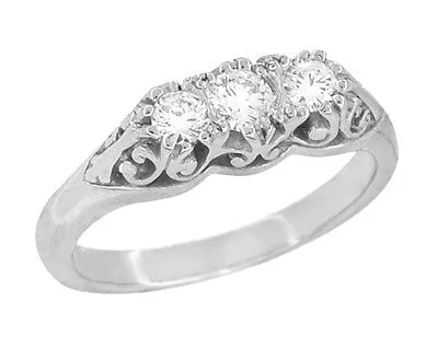 Art Deco Filigree White Sapphire "Three Stone" Ring in 14 Karat White Gold
