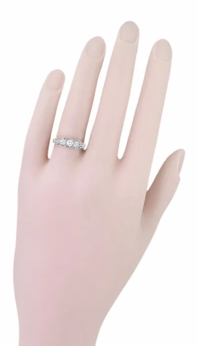 Art Deco Filigree White Sapphire "Three Stone" Ring in 14 Karat White Gold