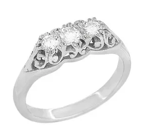 Art Deco Filigree White Sapphire "Three Stone" Ring in 14 Karat White Gold
