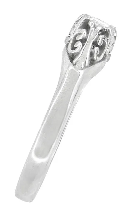 Art Deco Filigree White Sapphire "Three Stone" Ring in 14 Karat White Gold