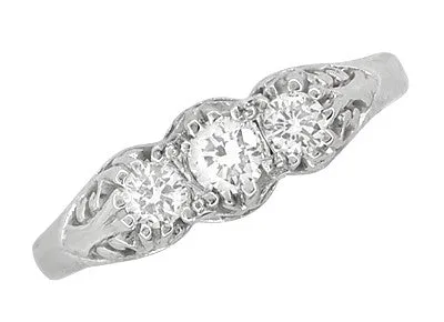 Art Deco Filigree White Sapphire "Three Stone" Ring in 14 Karat White Gold