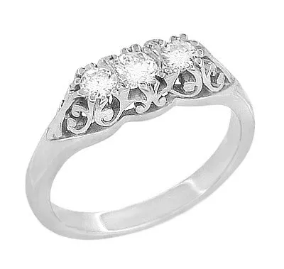 Art Deco Filigree White Sapphire "Three Stone" Ring in 14 Karat White Gold