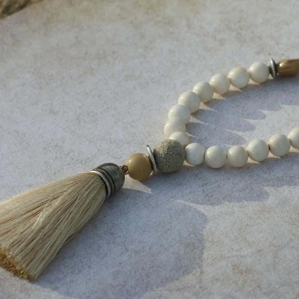 Beige Long Tassel Mala Necklace with Gemstones