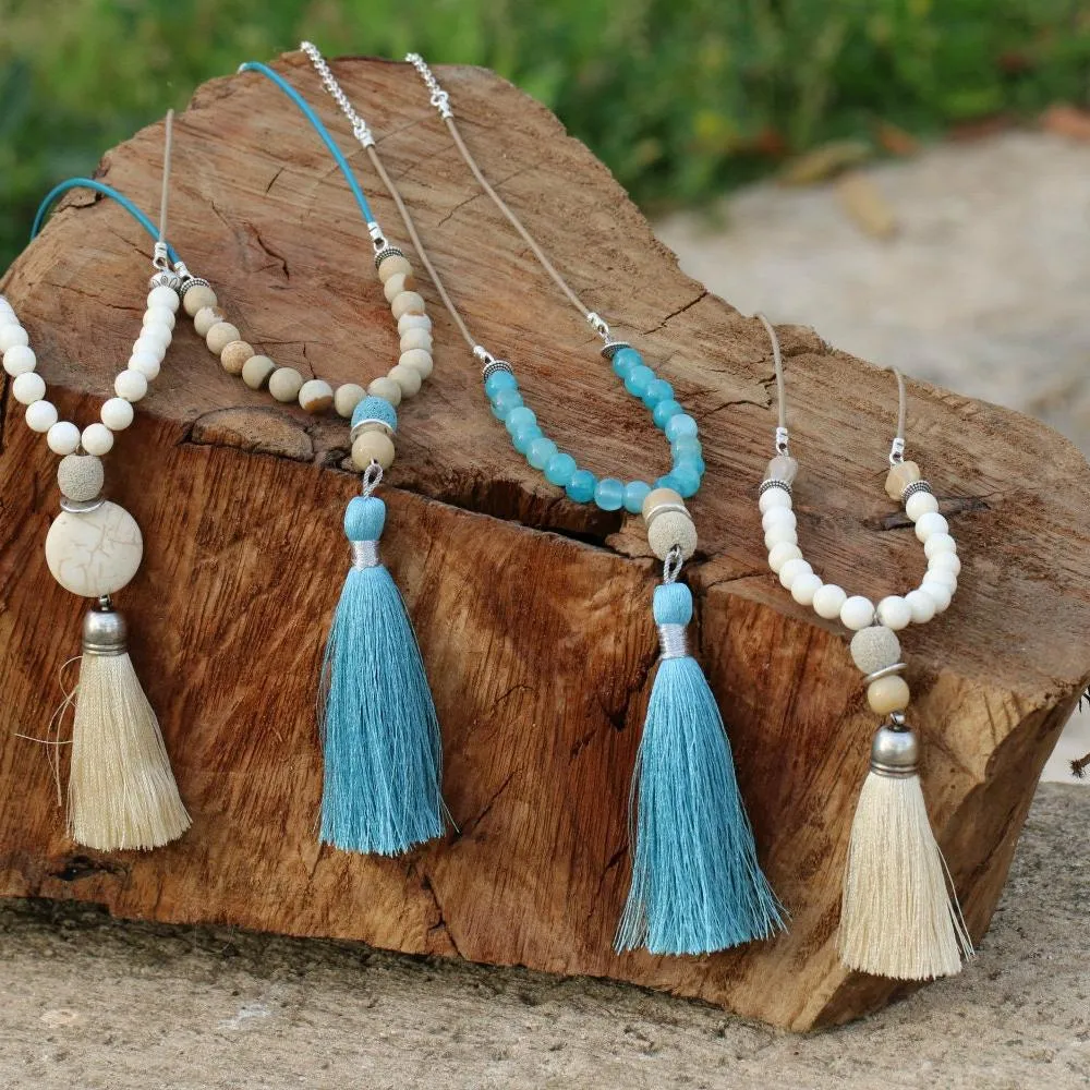 Beige Long Tassel Mala Necklace with Gemstones