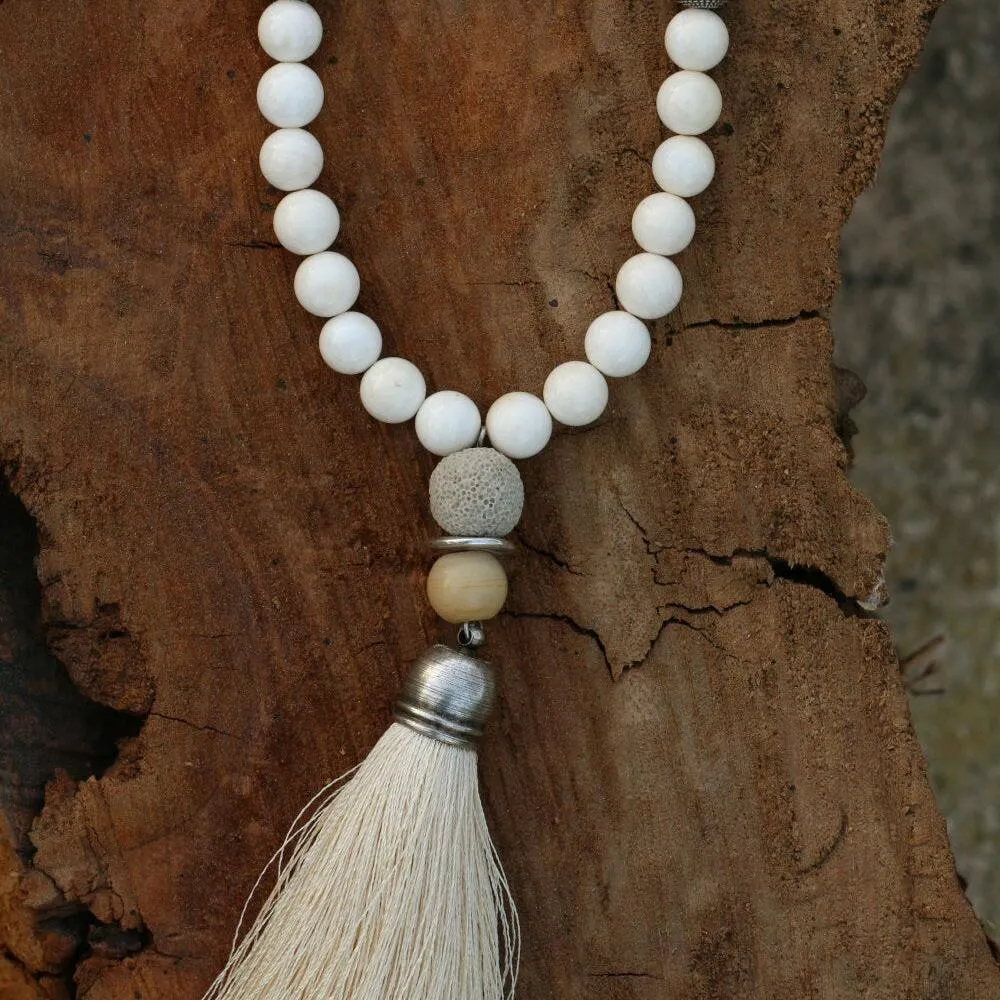 Beige Long Tassel Mala Necklace with Gemstones