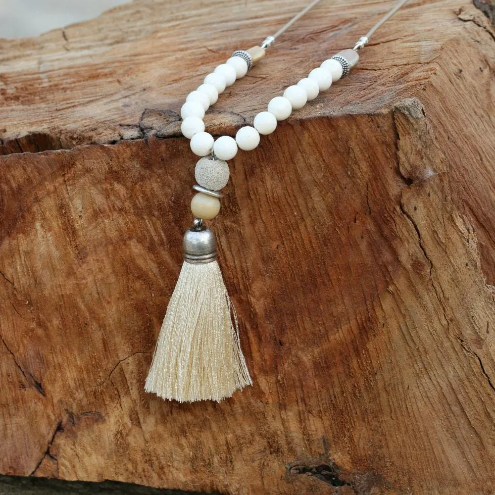 Beige Long Tassel Mala Necklace with Gemstones