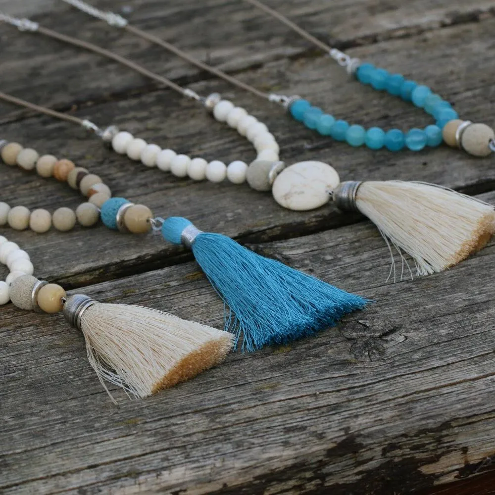 Beige Long Tassel Mala Necklace with Gemstones