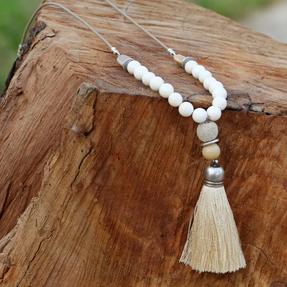 Beige Long Tassel Mala Necklace with Gemstones