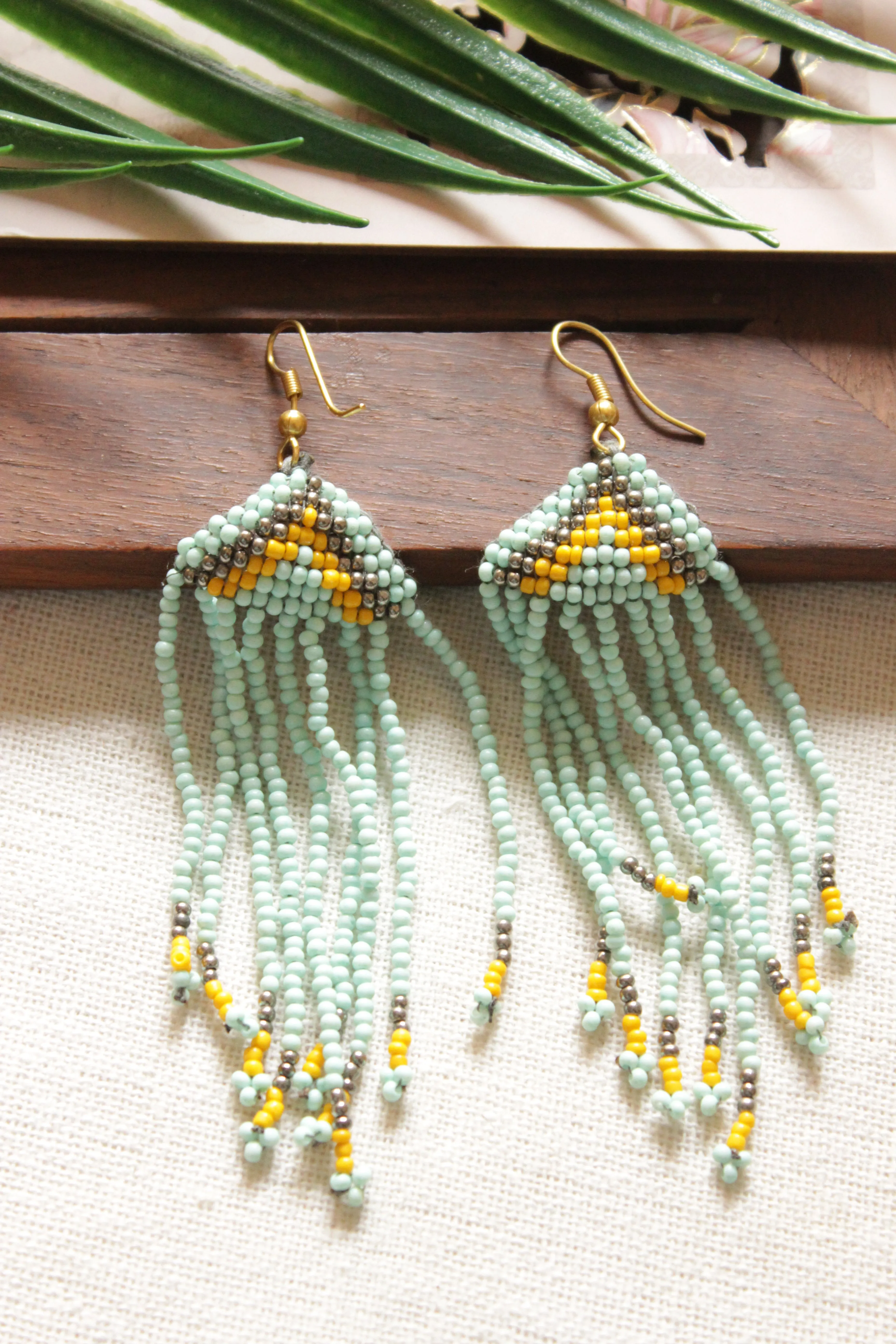 Blue and Mustard Peacock Motif Seed Beads Handmade Beaded Necklace