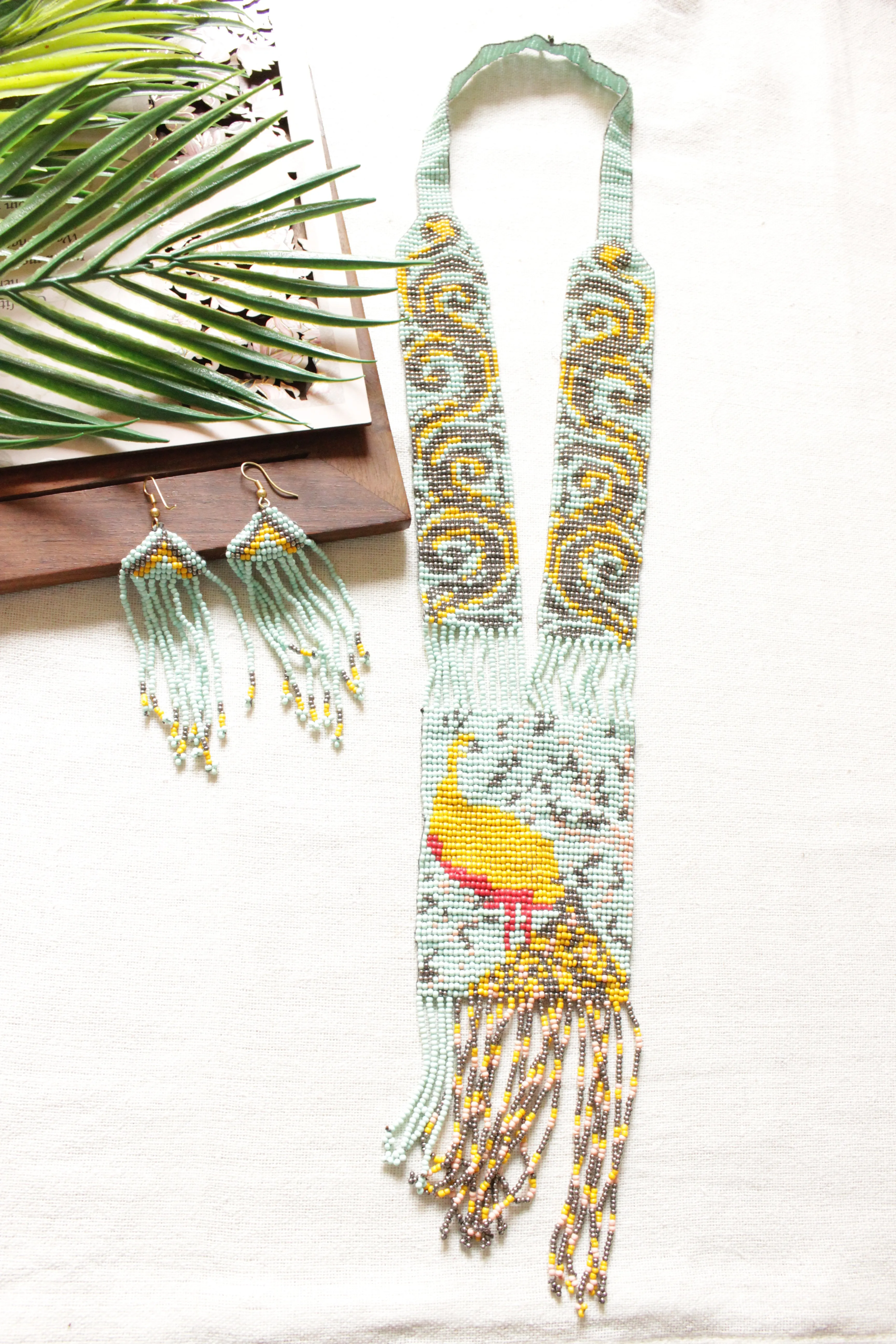 Blue and Mustard Peacock Motif Seed Beads Handmade Beaded Necklace