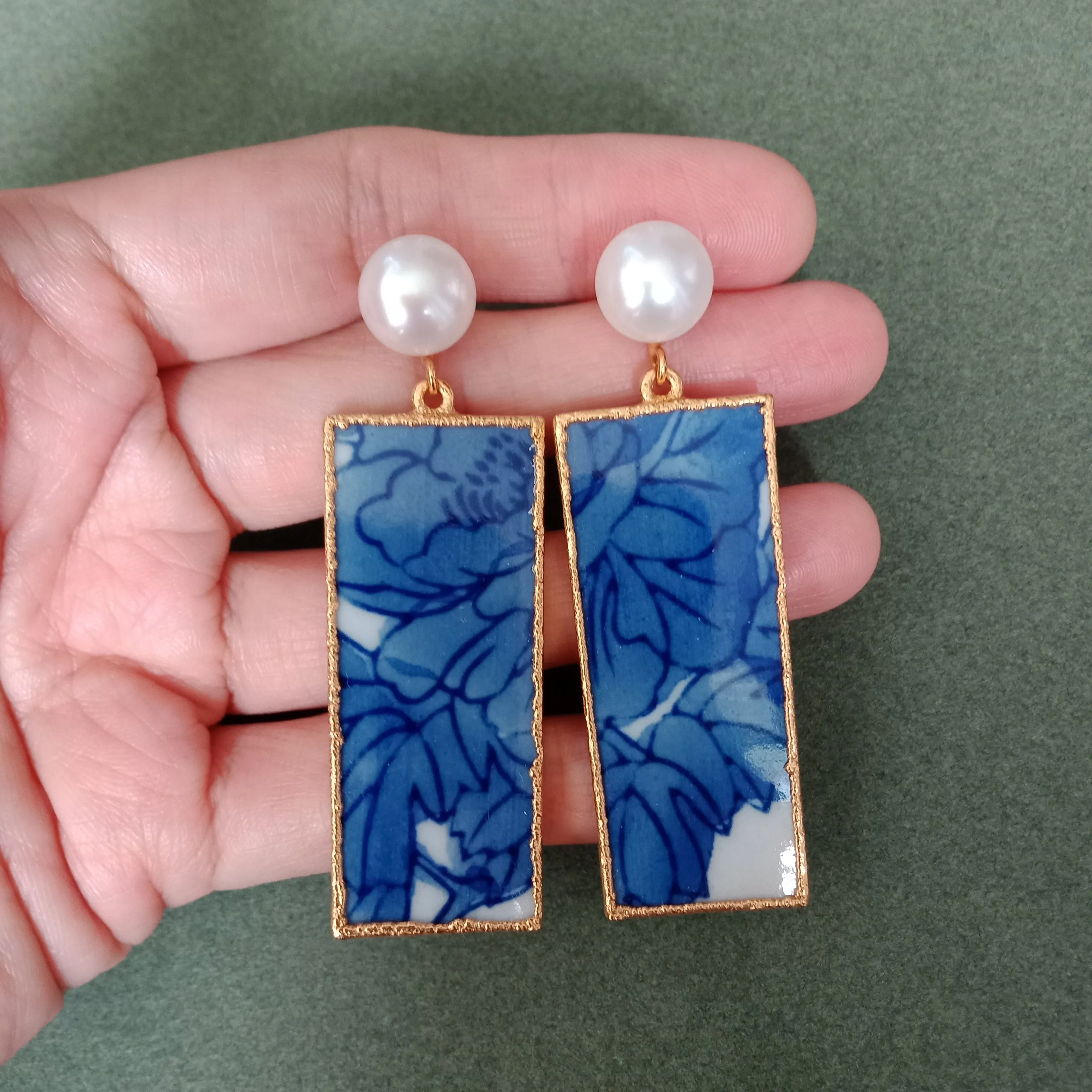 Blue and white foliage porcelain earrings