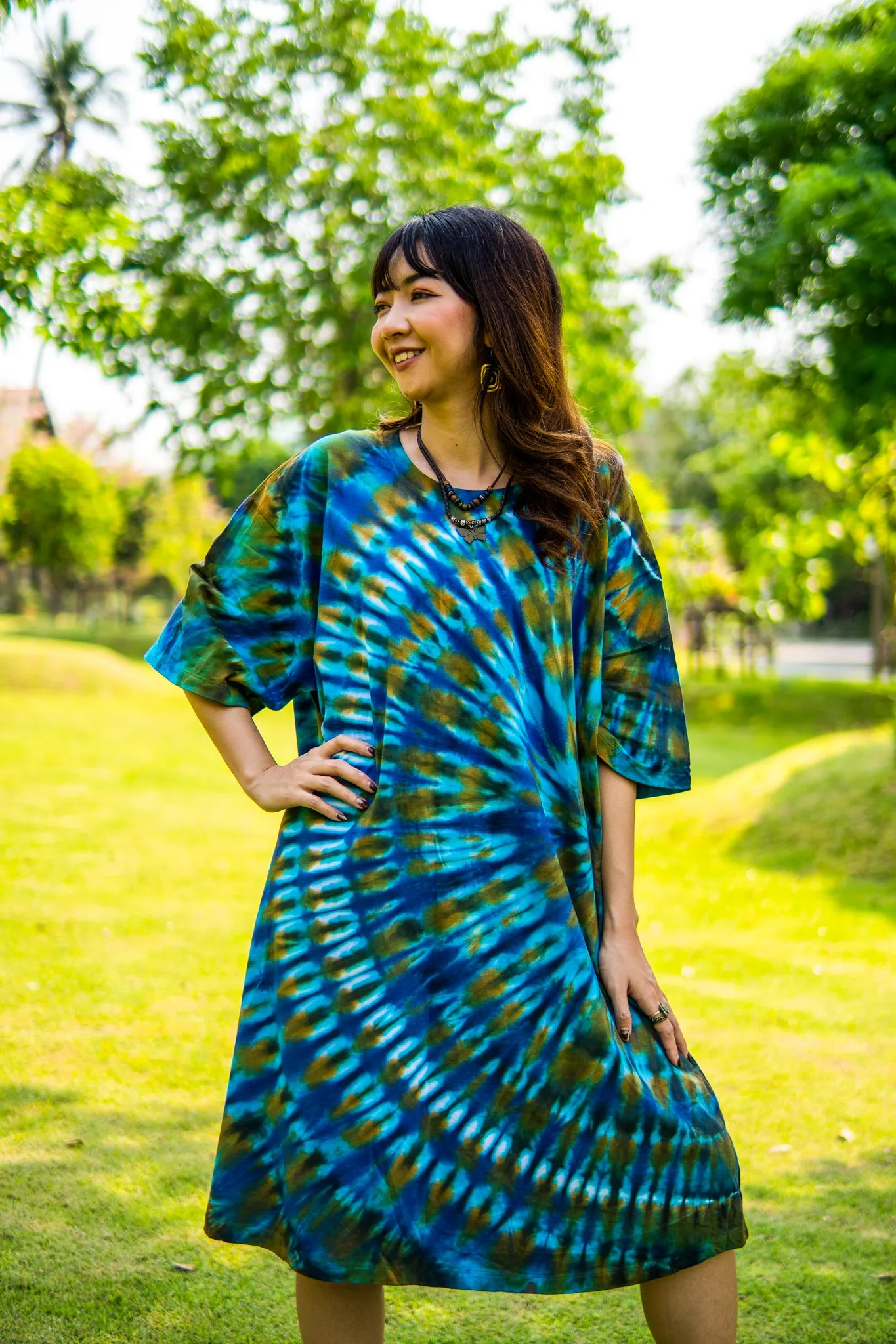 Blue Lagoon Hand Dyed Boho Cotton Dress with Pockets