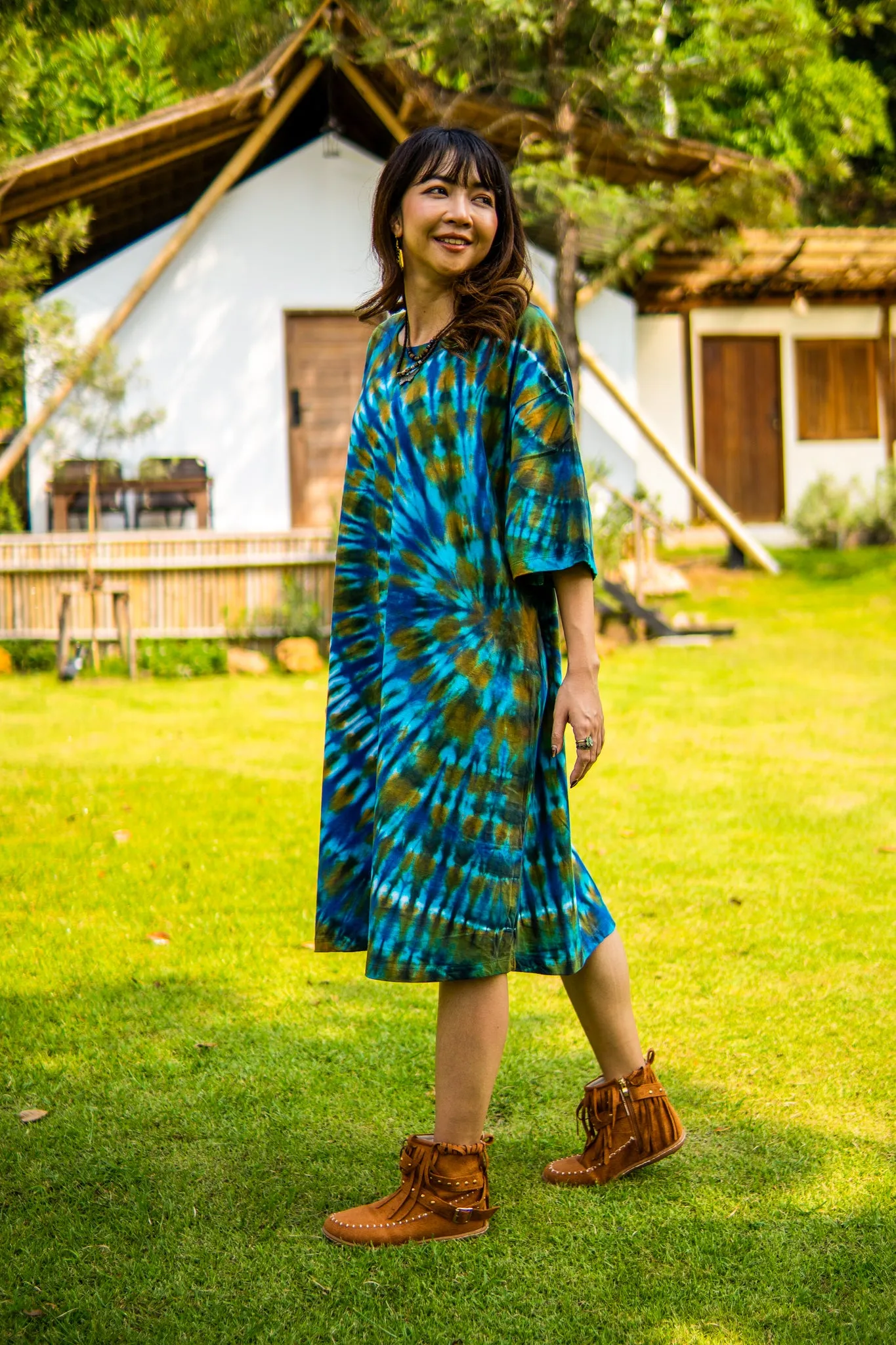 Blue Lagoon Hand Dyed Boho Cotton Dress with Pockets