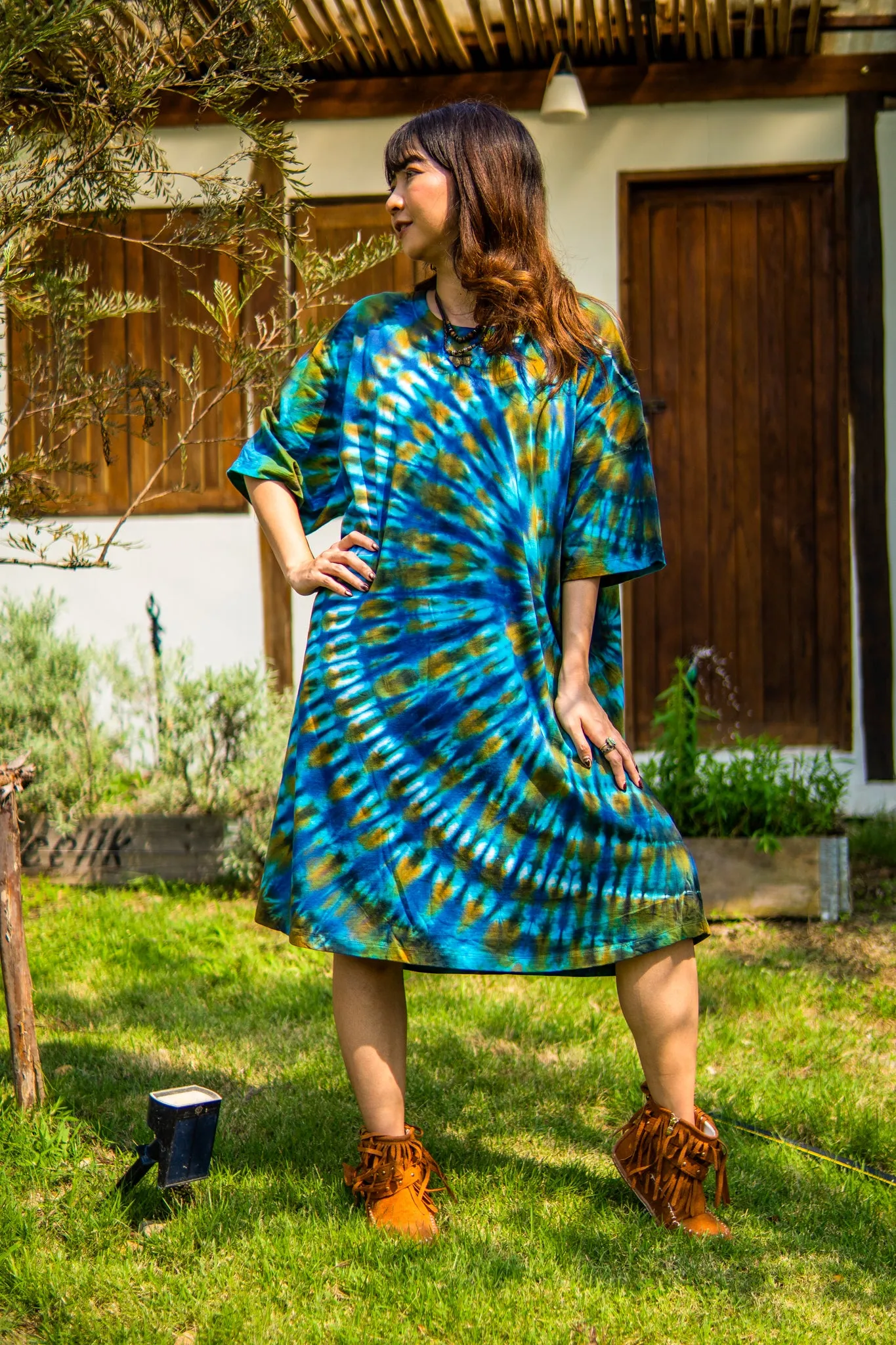 Blue Lagoon Hand Dyed Boho Cotton Dress with Pockets