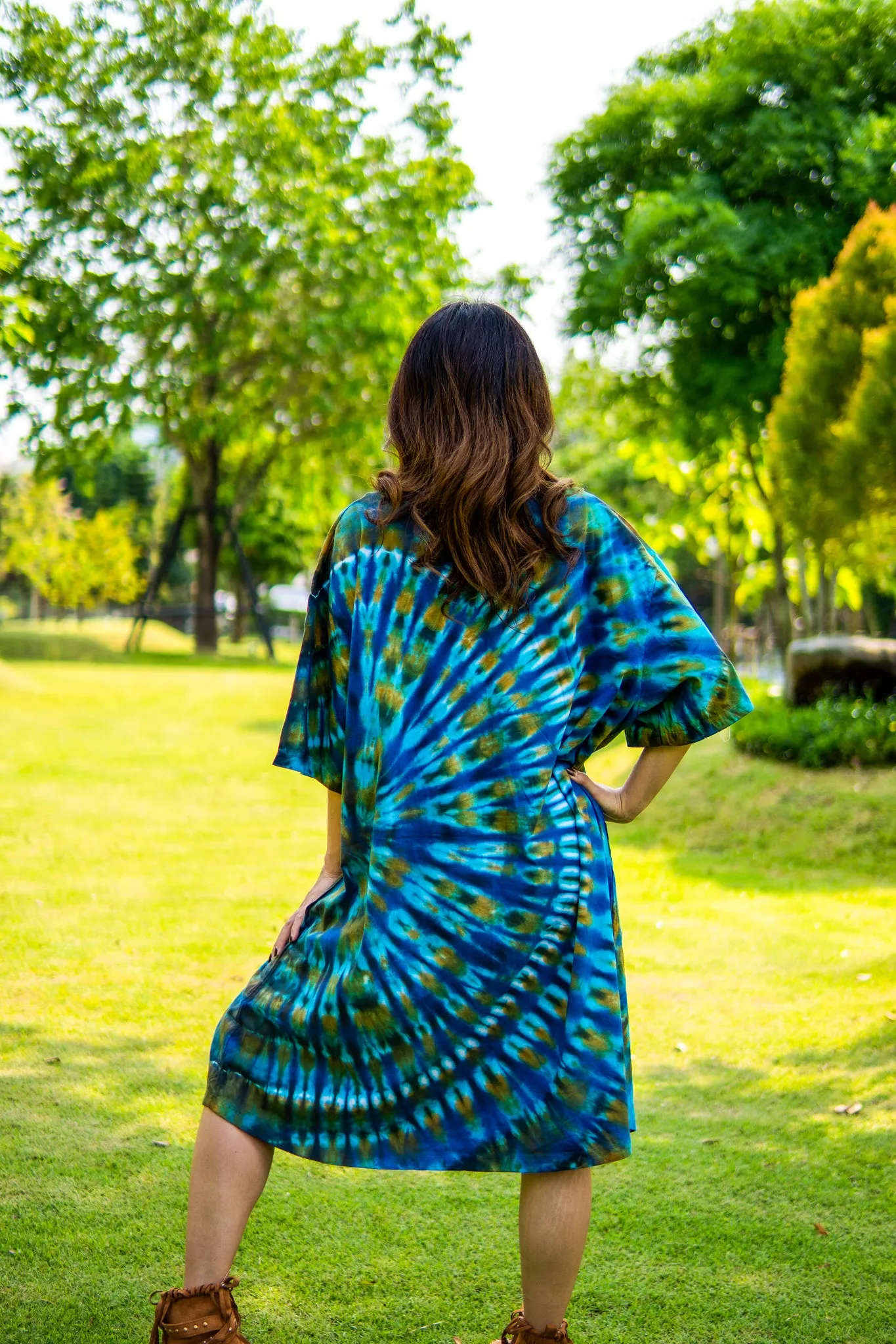 Blue Lagoon Hand Dyed Boho Cotton Dress with Pockets