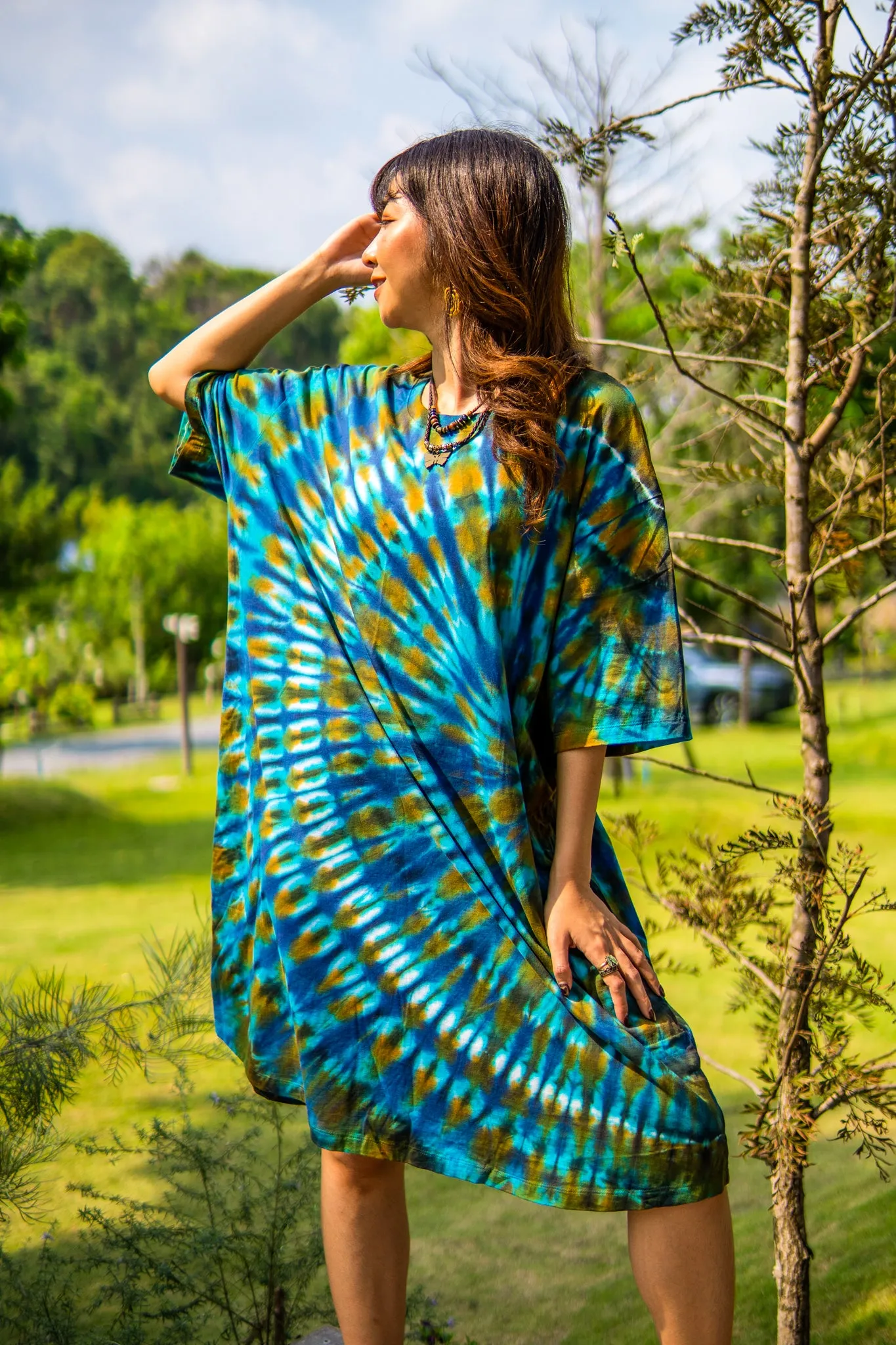 Blue Lagoon Hand Dyed Boho Cotton Dress with Pockets