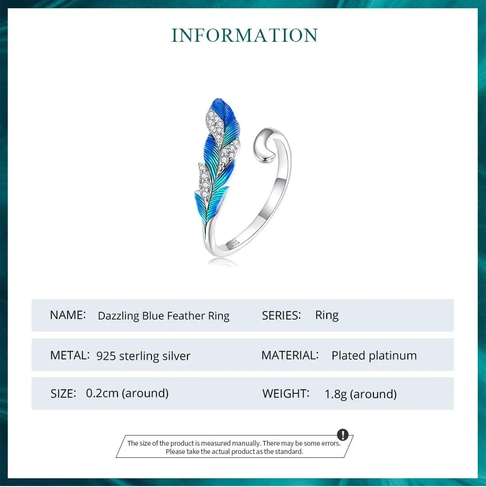 Blue Peacock Feather Open Ring and Earrings Jewelry Set - 925 Sterling Silver