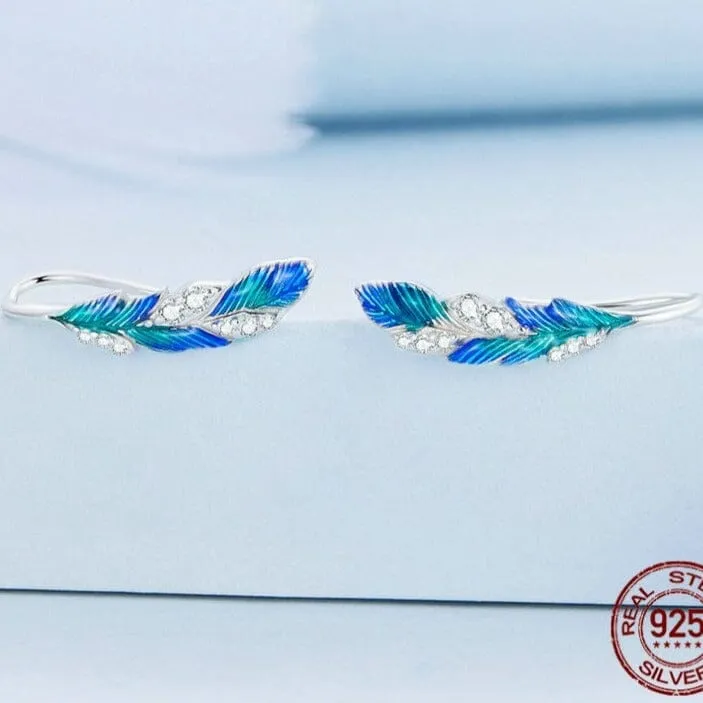 Blue Peacock Feather Open Ring and Earrings Jewelry Set - 925 Sterling Silver