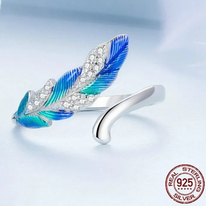Blue Peacock Feather Open Ring and Earrings Jewelry Set - 925 Sterling Silver