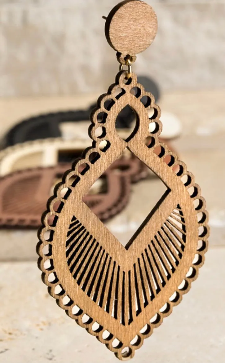 Boho Chic Geometric Wood Dangle Earrings - Natural