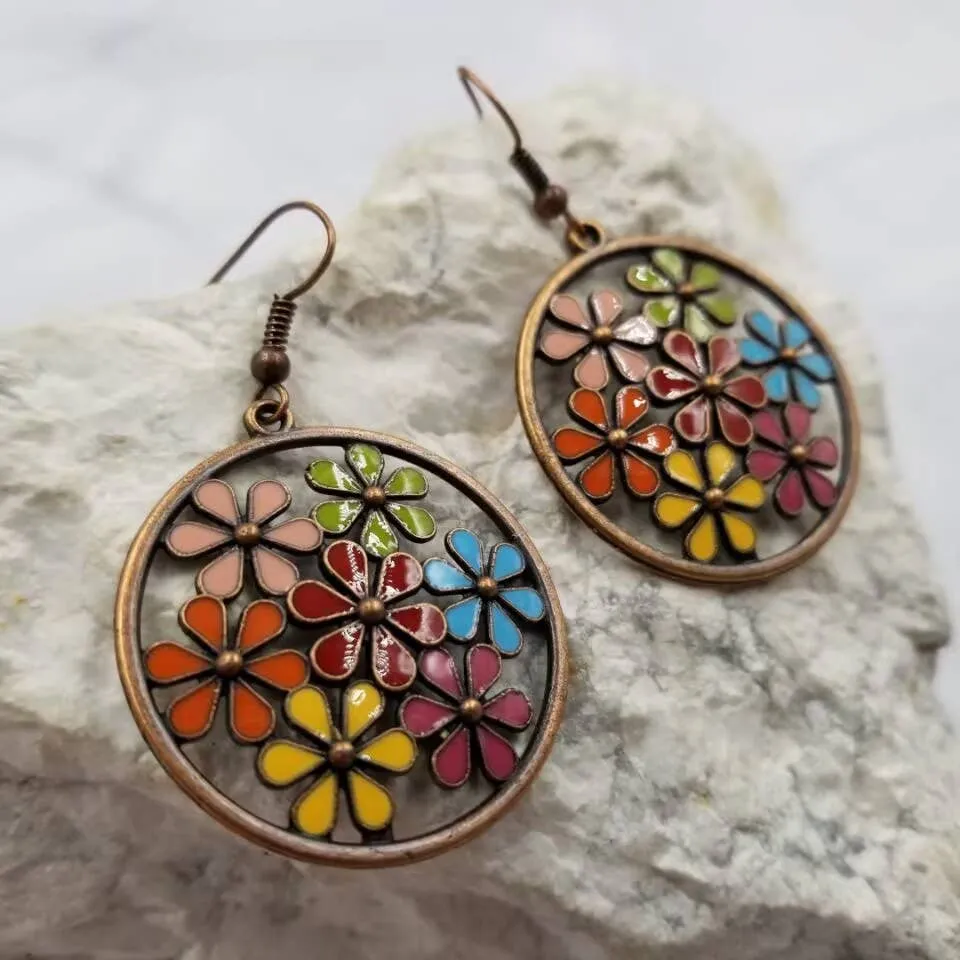 Boho Multicolor Enamel Flower Dangle Earrings