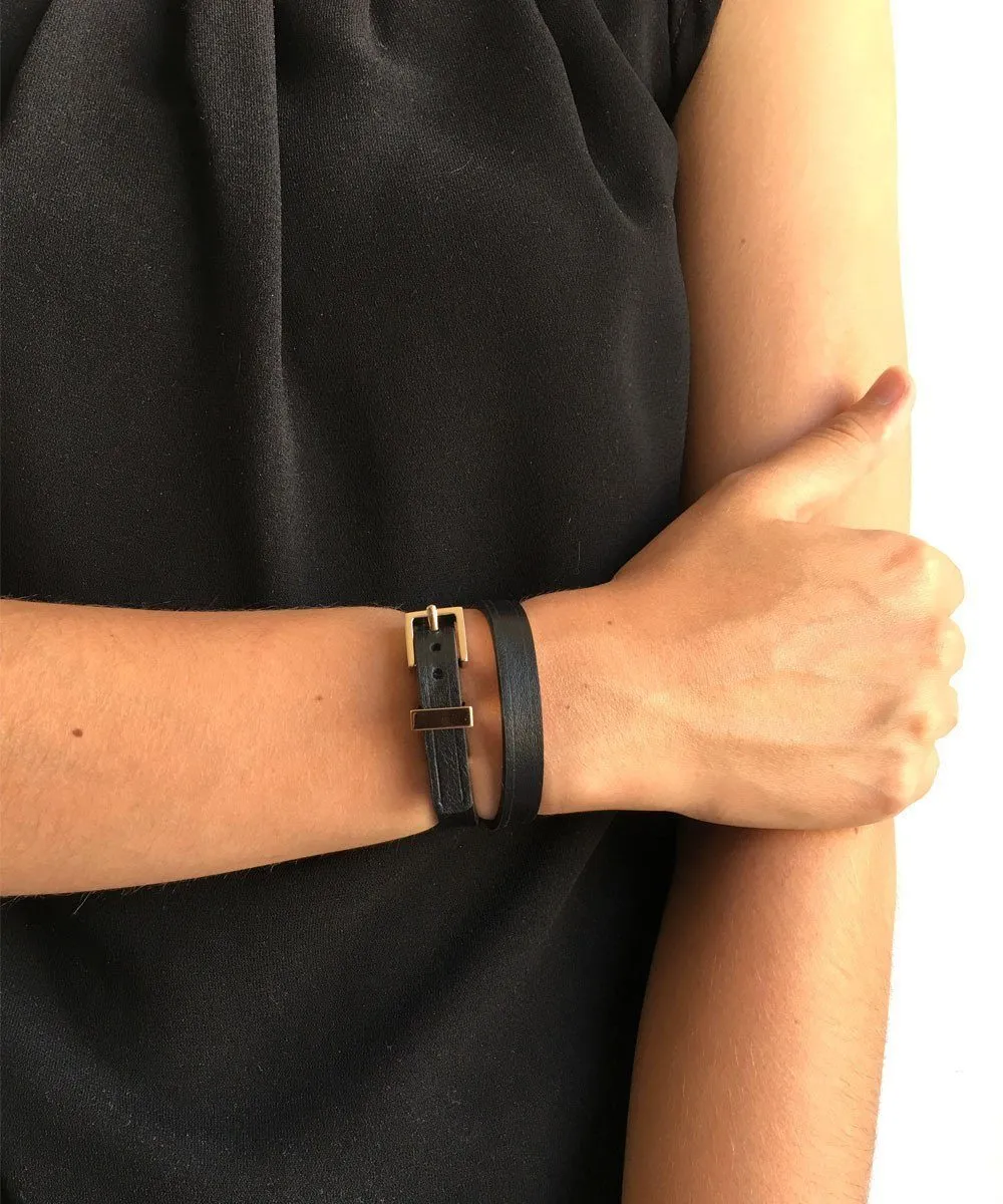 Bracelet double tour noir cuir boucle métal - Maison Boinet
