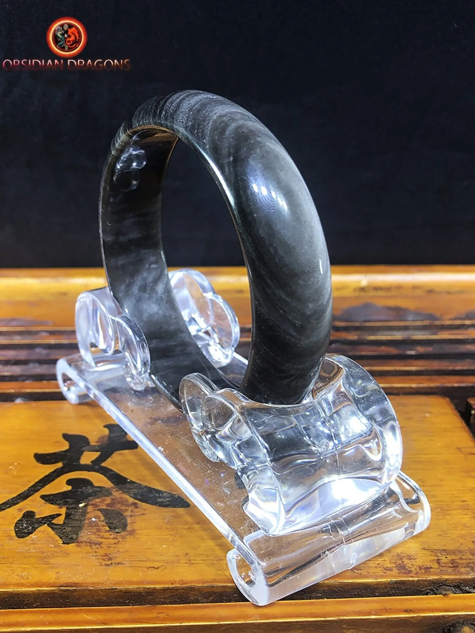 Bracelet jonc en obsidienne argentée