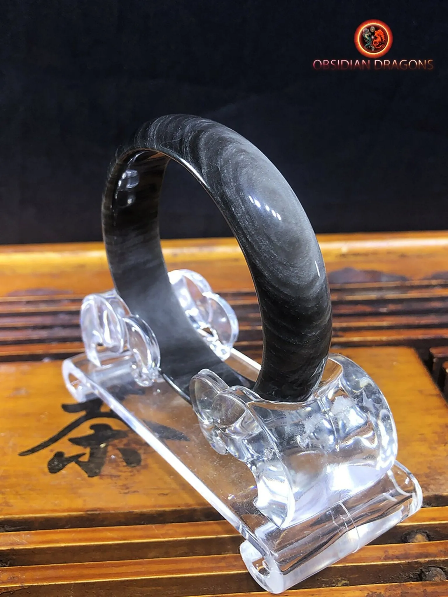 Bracelet jonc en obsidienne argentée