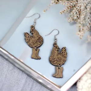 Chic Chicken in Boots Wood Earrings: Handmade Rustic Jewelry for Animal Lovers