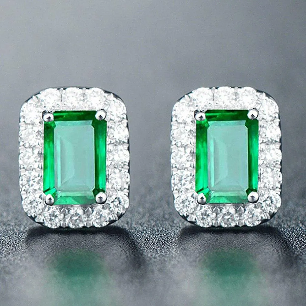 Chic Square Green Crystal Emerald Gemstones Diamonds Stud Earrings for