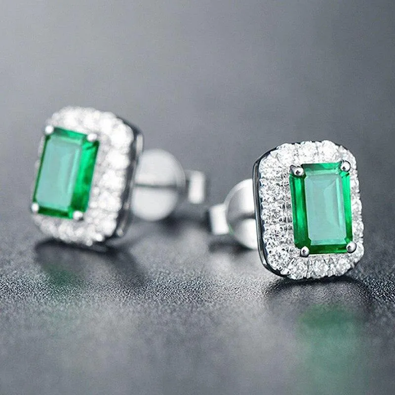 Chic Square Green Crystal Emerald Gemstones Diamonds Stud Earrings for