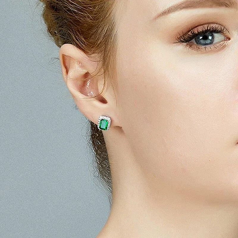 Chic Square Green Crystal Emerald Gemstones Diamonds Stud Earrings for