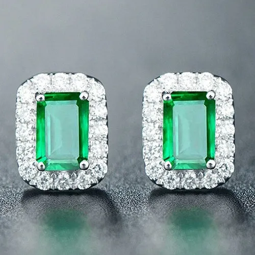 Chic Square Green Crystal Emerald Gemstones Diamonds Stud Earrings for