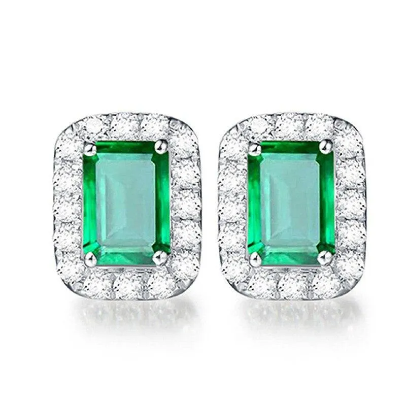 Chic Square Green Crystal Emerald Gemstones Diamonds Stud Earrings for