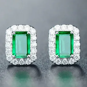 Chic Square Green Crystal Emerald Gemstones Diamonds Stud Earrings for