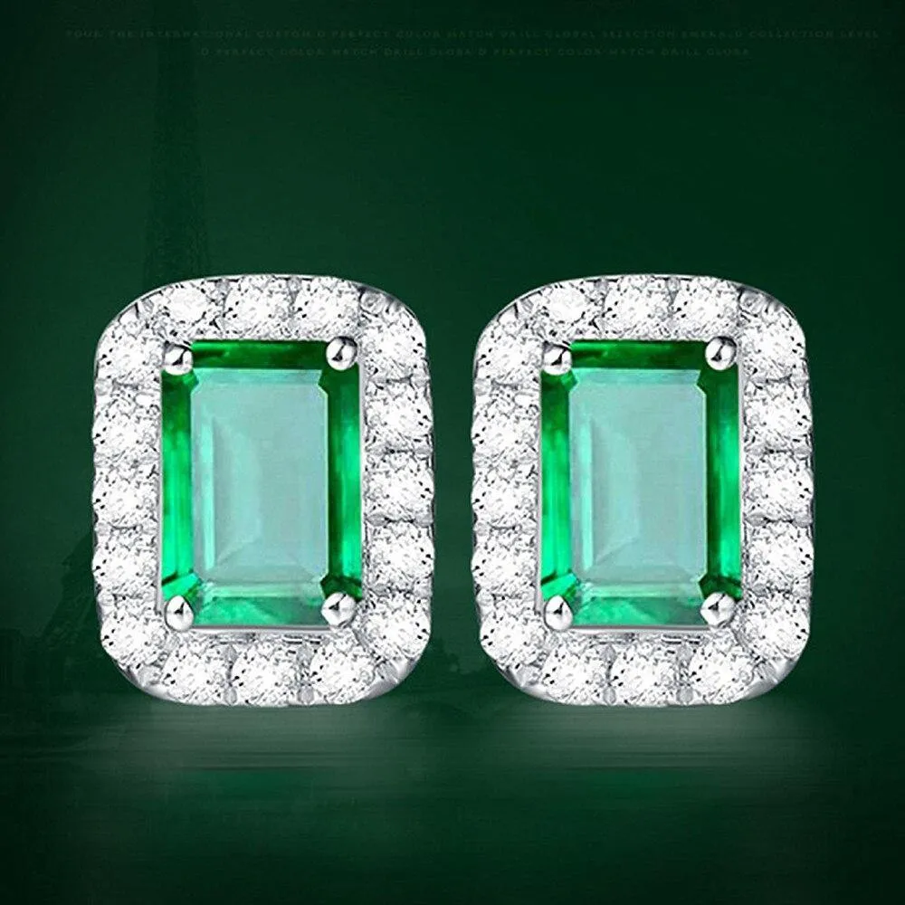 Chic Square Green Crystal Emerald Gemstones Diamonds Stud Earrings for