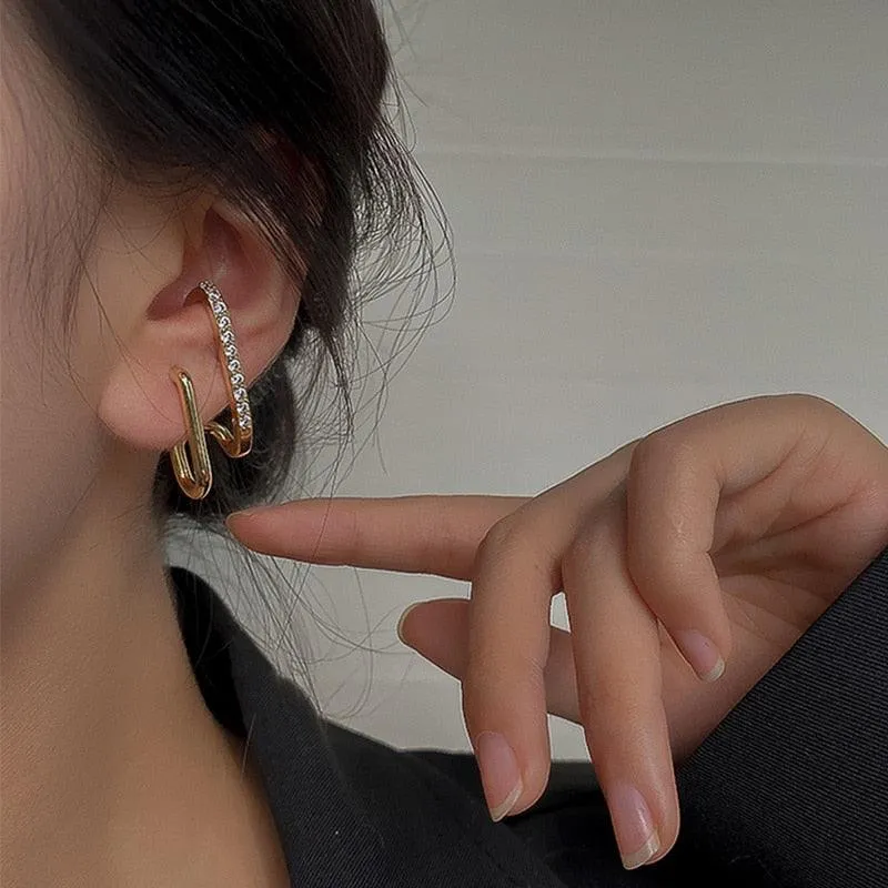 Chic U-Shaped Gold Earrings with Korean Crystal for Effortless Style