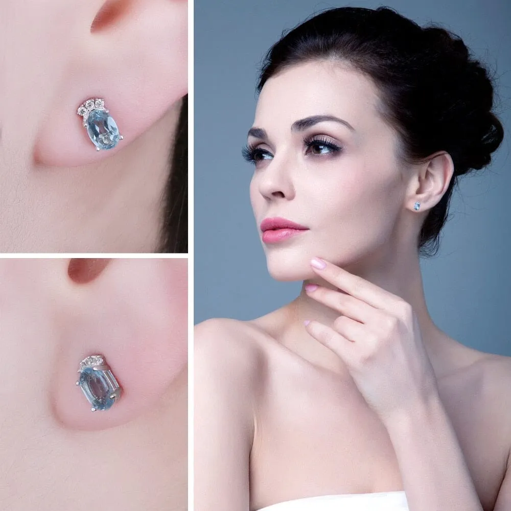 Crown 1ct Oval Natural Sky Blue Topaz Stud Earrings - 925 Sterling Silver