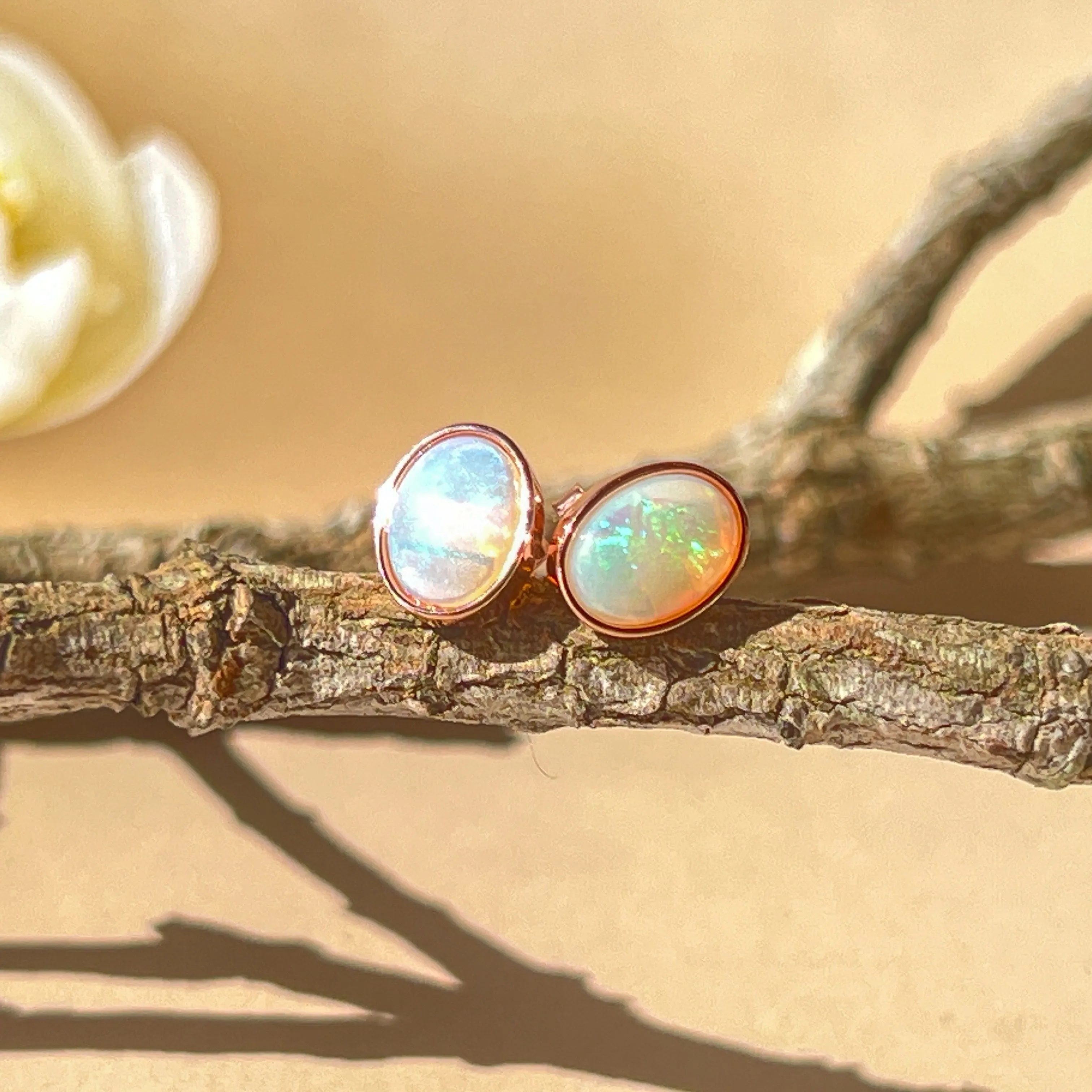 Dainty Rose Gold Plated Opal Stud Earrings, 8x6mm White Opal, Handmade Minimalist Jewelry, Perfect Birthstone Gift for Her 8x6mm